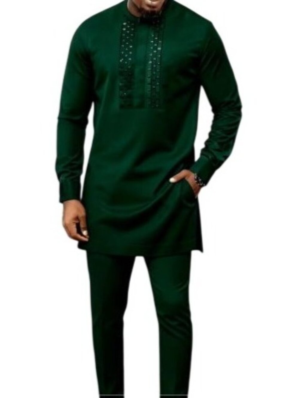 African Formal Dashiki Hunter Green Shirt & Pant Suit Traditional Dress Outfit
